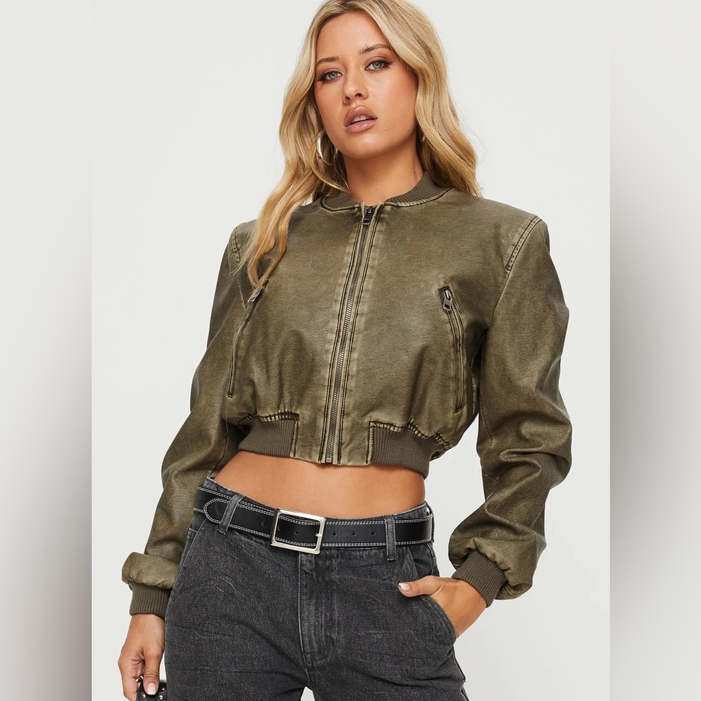 REVOLVE Coated Bomber Jacket Brown Ash Cropped Oversized LIONESS Faux Leather - Picture 6 of 6